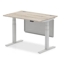 Air 1200 x 800mm Height Adjustable Desk Grey Oak Top Cable Ports Silver Leg With Silver Steel Modesty Panel