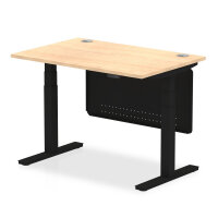 Air 1200 x 800mm Height Adjustable Desk Maple Top Cable Ports Black Leg With Black Steel Modesty Panel