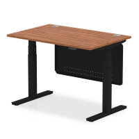 Air 1200 x 800mm Height Adjustable Desk Walnut Top Cable Ports Black Leg With Black Steel Modesty Panel