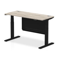 Air 1400 x 600mm Height Adjustable Desk Grey Oak Top Cable Ports Black Leg With Black Steel Modesty Panel