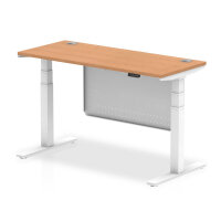 Air 1400 x 600mm Height Adjustable Desk Oak Top Cable Ports White Leg With White Steel Modesty Panel