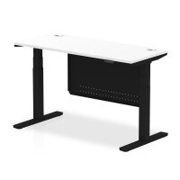 Air 1400 x 600mm Height Adjustable Desk White Top Cable Ports Black Leg With Black Steel Modesty Panel