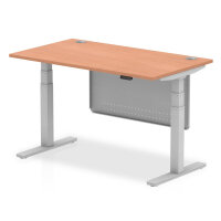 Air 1400 x 800mm Height Adjustable Desk Beech Top Cable Ports Silver Leg With Silver Steel Modesty Panel