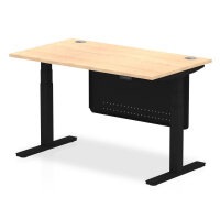 Air 1400 x 800mm Height Adjustable Desk Maple Top Cable Ports Black Leg With Black Steel Modesty Panel
