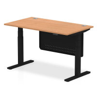 Air 1400 x 800mm Height Adjustable Desk Oak Top Cable Ports Black Leg With Black Steel Modesty Panel