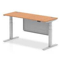 Air 1600 x 600mm Height Adjustable Desk Oak Top Cable Ports Silver Leg With Silver Steel Modesty Panel