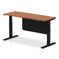 Air 1600 x 600mm Height Adjustable Desk Walnut Top Cable Ports Black Leg With Black Steel Modesty Panel