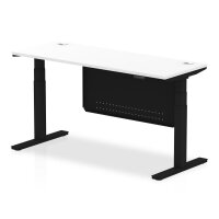 Air 1600 x 600mm Height Adjustable Desk White Top Cable Ports Black Leg With Black Steel Modesty Panel