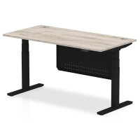 Air 1600 x 800mm Height Adjustable Desk Grey Oak Top Cable Ports Black Leg With Black Steel Modesty Panel