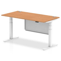 Air 1600 x 800mm Height Adjustable Desk Oak Top Cable Ports White Leg With White Steel Modesty Panel