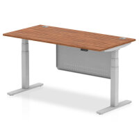 Air 1600 x 800mm Height Adjustable Desk Walnut Top Cable Ports Silver Leg With Silver Steel Modesty Panel