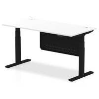 Air 1600 x 800mm Height Adjustable Desk White Top Cable Ports Black Leg With Black Steel Modesty Panel