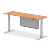 Air 1800 x 600mm Height Adjustable Desk Oak Top Cable Ports Silver Leg With Silver Steel Modesty Panel