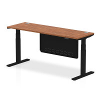 Air 1800 x 600mm Height Adjustable Desk Walnut Top Cable Ports Black Leg With Black Steel Modesty Panel