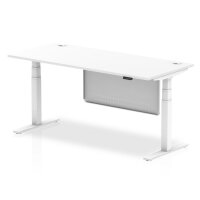 Air 1800 x 800mm Height Adjustable Desk White Top Cable Ports White Leg With White Steel Modesty Panel