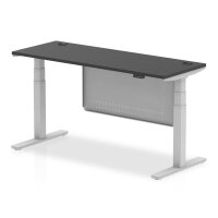 Air Black Series 1600 x 600mm Height Adjustable Desk Black Top with Cable Ports Silver Leg With Silver Steel Modesty Panel