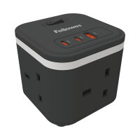 Fellowes Power Cube Type G UK/IE 3 Sockets 1 USB-A + 2 USB-C Ports Black 100136979
