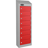 Probe Low Wallet Locker 8 Tier Cam Lock Sloping Top ACTIVECOAT W250xD180x1000/920mm Silver Body Red Door