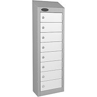 Probe Low Wallet Locker 8 Tier Cam Lock Sloping Top ACTIVECOAT W250xD180x1000/920mm Silver Body White Door