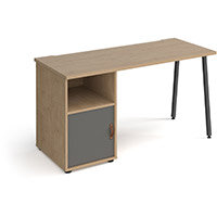 Sparta Rectangular Home Office Desk with Charcoal A Frame Legs & Kendal Oak Desktop & Support Pedestal with Onyx Grey Cupboard Door W1400xD600xH730mm