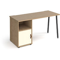 Sparta Rectangular Home Office Desk with Charcoal A Frame Legs & Kendal Oak Desktop & Support Pedestal with White Cupboard Door W1400xD600xH730mm
