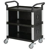 Three Tier Plastic Utility Tray Trolley With Open Sides And Ends With 3 Standard Black Shelves Capacity 250kg