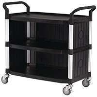 Plastic Utility Tray Trolley With Open Sides And Ends 3 Tier Black Shelves Capacity 250kg